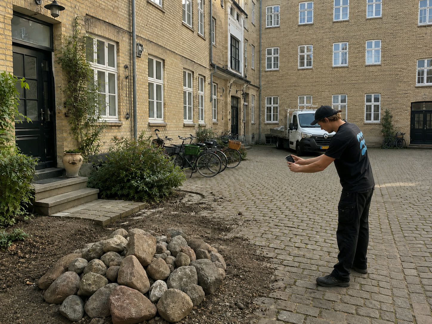 Medarbejder dokumenterer en løst opgave med foto direkte i gården
