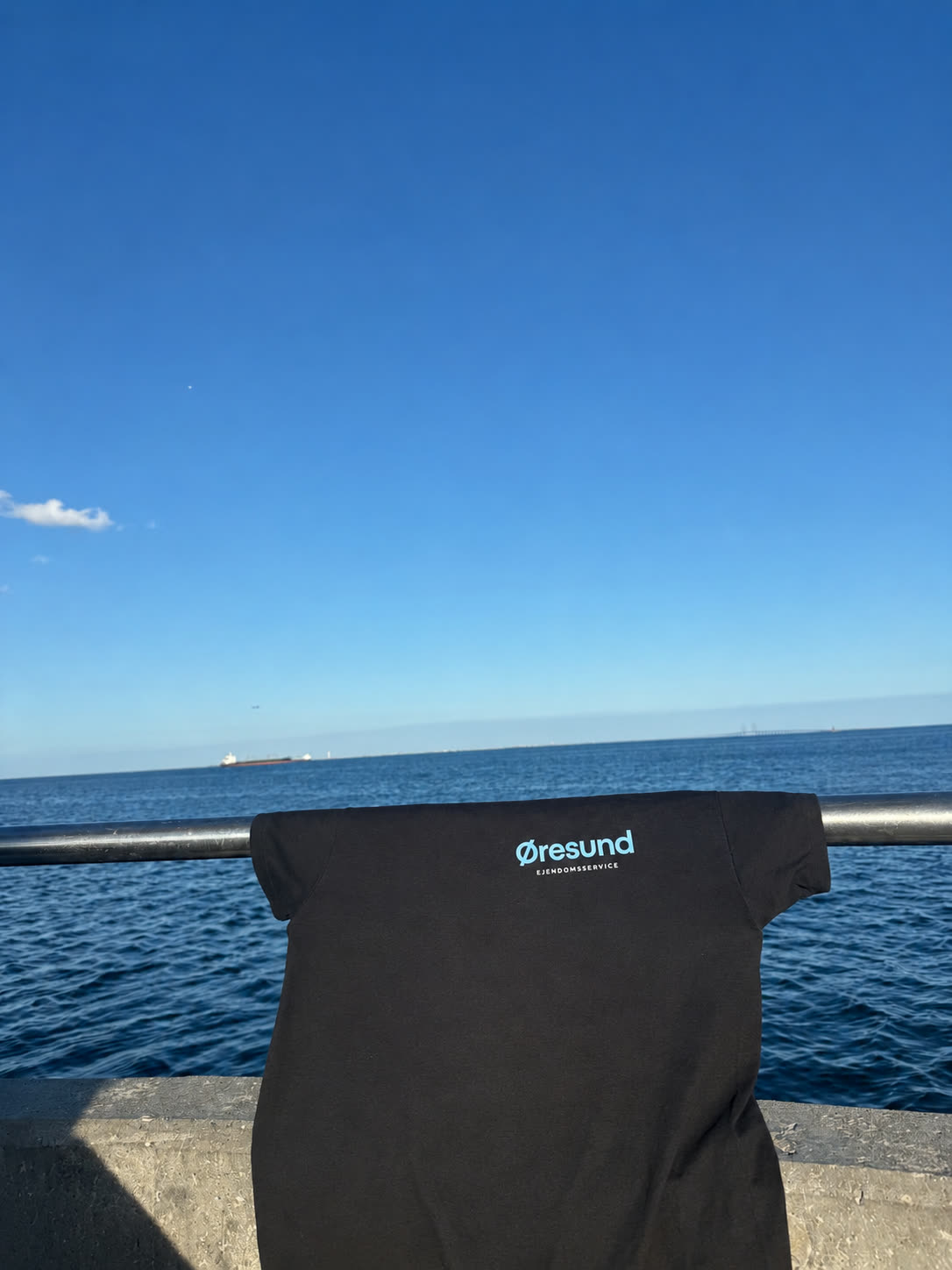 Øresund Ejendomsservices firmatrøje med logo hængt op ved Øresund